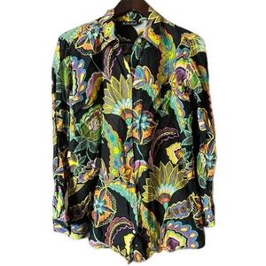 KikiSol Women’s Colorful Boho Tropical Floral Button Down Cotton Blouse Size S